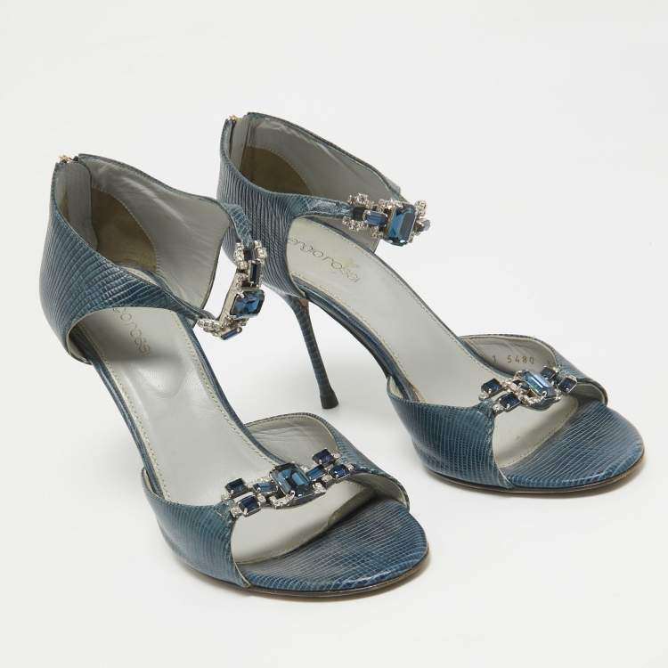 Pre Owned Sergio Rossi Blue Lizard Embossed Leather Embellished Open Toe Sandals Size 39