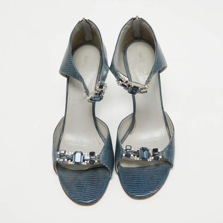 Pre Owned Sergio Rossi Blue Lizard Embossed Leather Embellished Open Toe Sandals Size 39