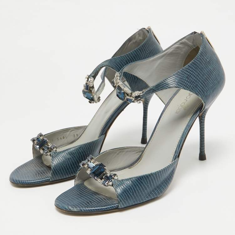 Pre Owned Sergio Rossi Blue Lizard Embossed Leather Embellished Open Toe Sandals Size 39