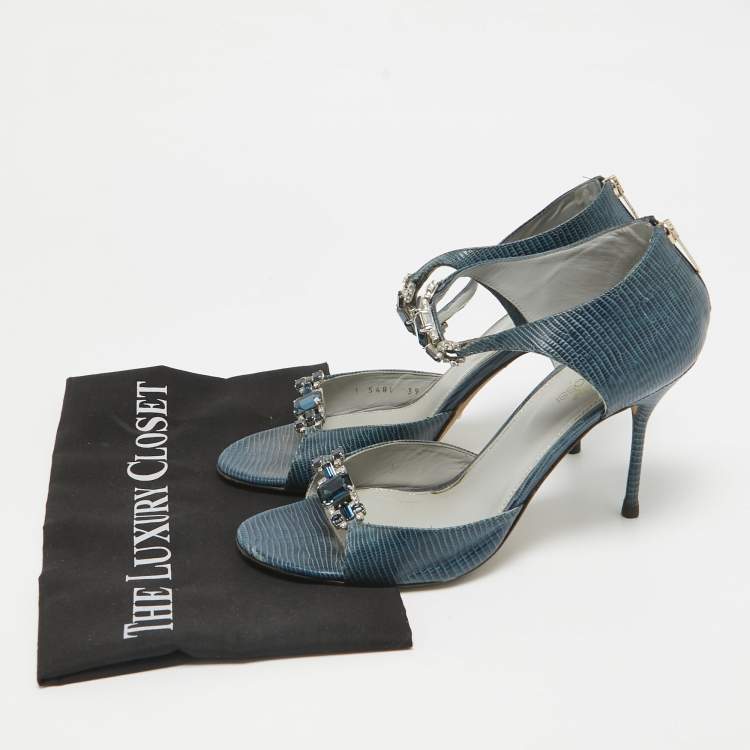 Pre Owned Sergio Rossi Blue Lizard Embossed Leather Embellished Open Toe Sandals Size 39