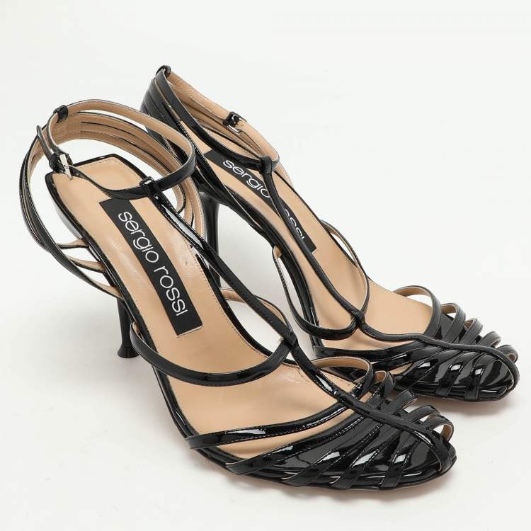 مملوكة مسبقًا Sergio Rossi Black Patent Leather Strappy Sandals Size 40