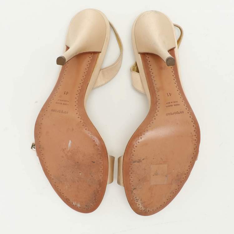 Pre Owned Sergio Rossi Beige Satin Embellished Slingback Sandals Size 41