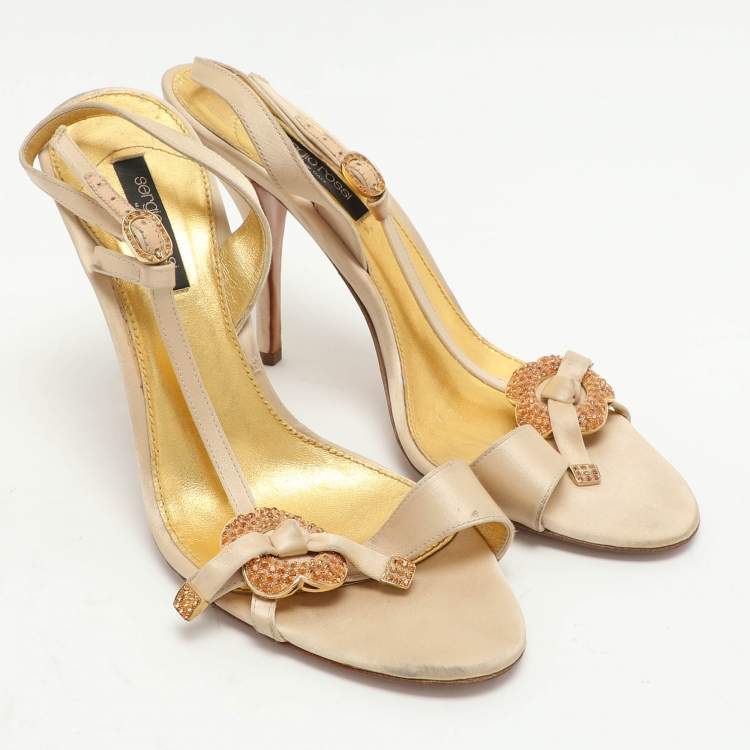 Pre Owned Sergio Rossi Beige Satin Embellished Slingback Sandals Size 41