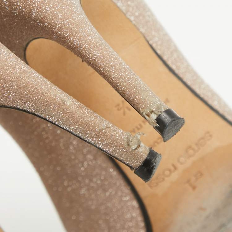 Pre Owned Sergio Rossi Beige Glitter Leather Crystals SR1 Pumps Size 37.5