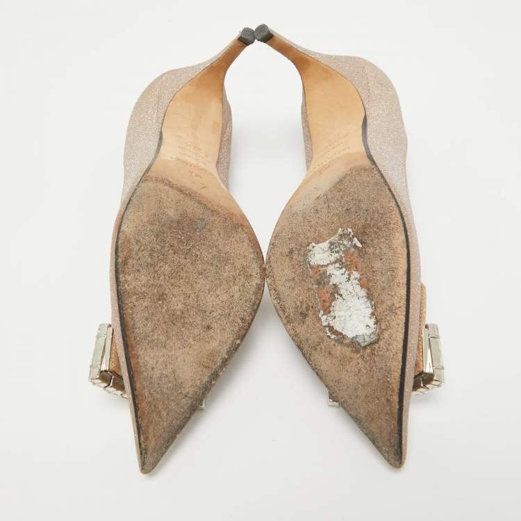 Pre Owned Sergio Rossi Beige Glitter Leather Crystals SR1 Pumps Size 37.5