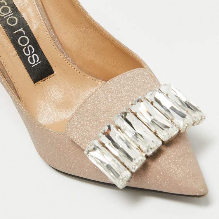 Pre Owned Sergio Rossi Beige Glitter Leather Crystals SR1 Pumps Size 37.5