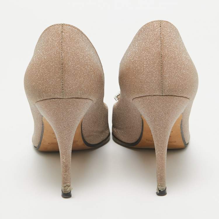 Pre Owned Sergio Rossi Beige Glitter Leather Crystals SR1 Pumps Size 37.5