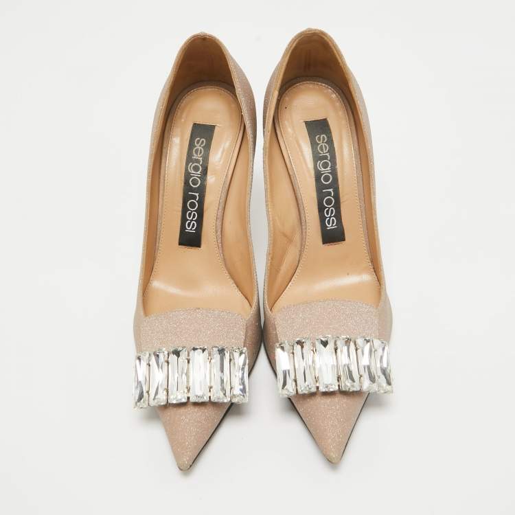 Pre Owned Sergio Rossi Beige Glitter Leather Crystals SR1 Pumps Size 37.5