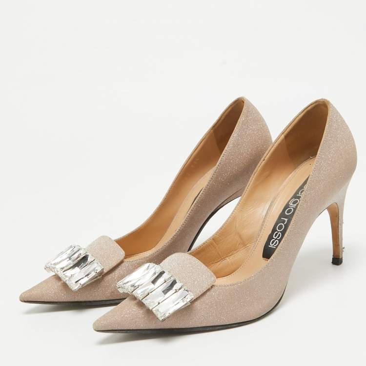 Pre Owned Sergio Rossi Beige Glitter Leather Crystals SR1 Pumps Size 37.5