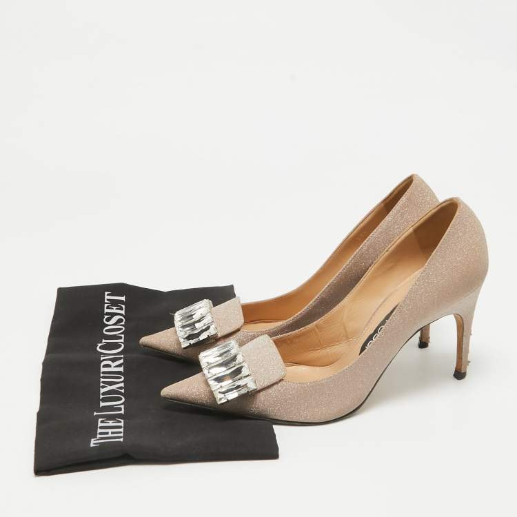 Pre Owned Sergio Rossi Beige Glitter Leather Crystals SR1 Pumps Size 37.5