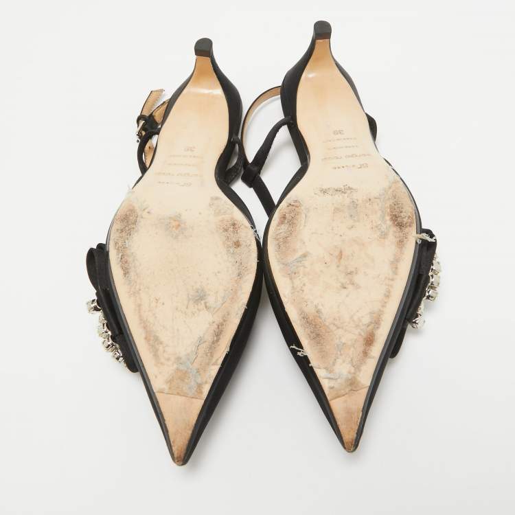 Pre Owned Sergio Rossi Black Satin Crystal Embellished SR Slingback Pumps Size 39