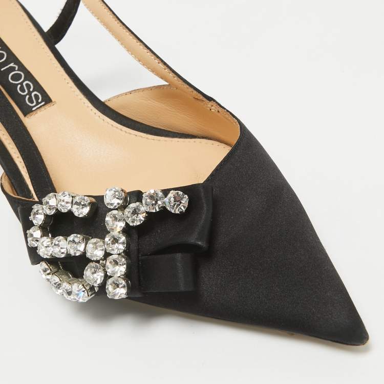 Pre Owned Sergio Rossi Black Satin Crystal Embellished SR Slingback Pumps Size 39