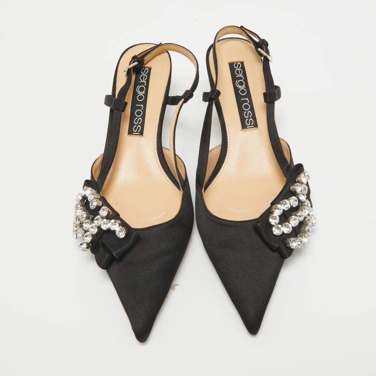 Pre Owned Sergio Rossi Black Satin Crystal Embellished SR Slingback Pumps Size 39