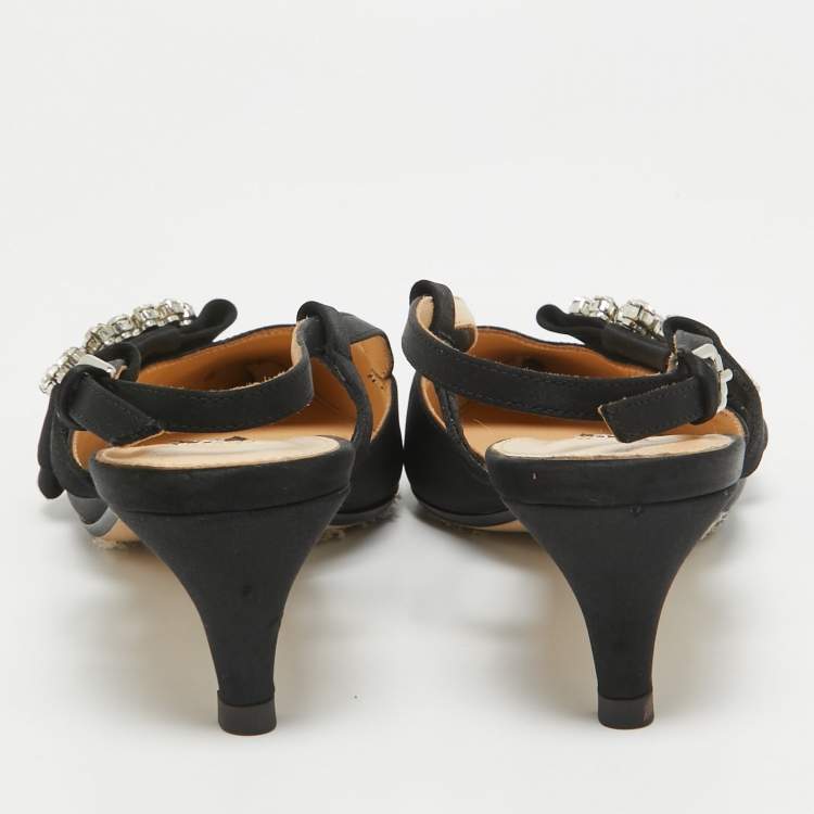 Pre Owned Sergio Rossi Black Satin Crystal Embellished SR Slingback Pumps Size 39