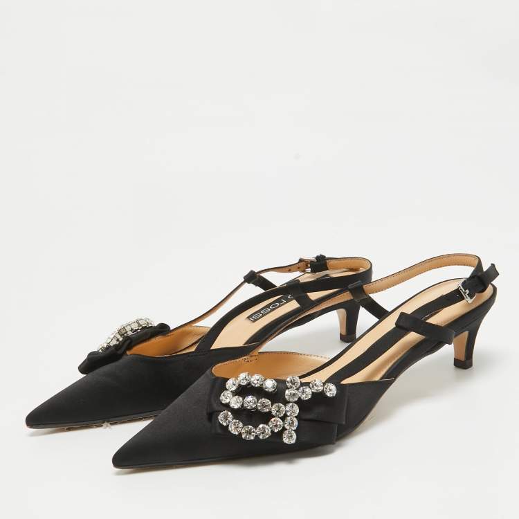 Pre Owned Sergio Rossi Black Satin Crystal Embellished SR Slingback Pumps Size 39