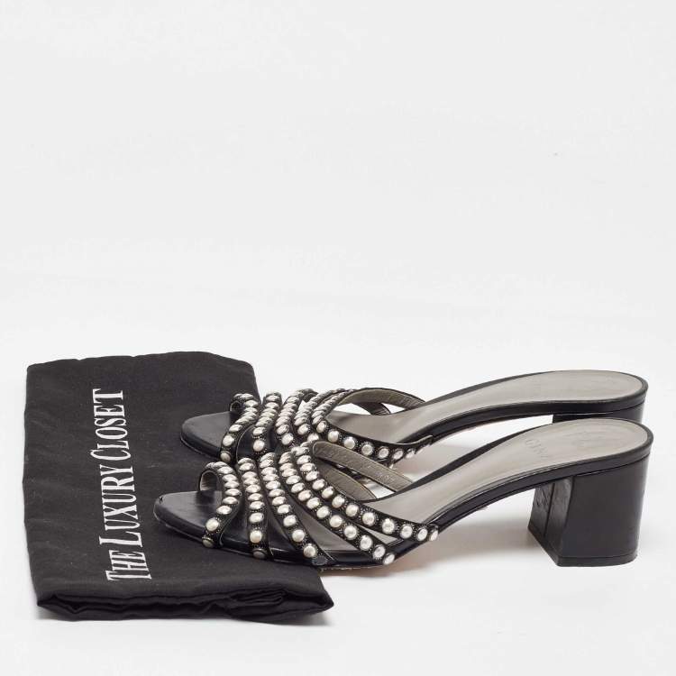 Pre Owned Sergio Rossi Black Satin Pearl Studded Slide Sandals Size 40.5