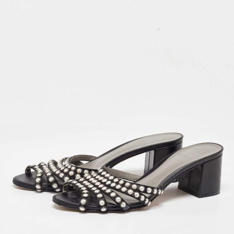 Pre Owned Sergio Rossi Black Satin Pearl Studded Slide Sandals Size 40.5
