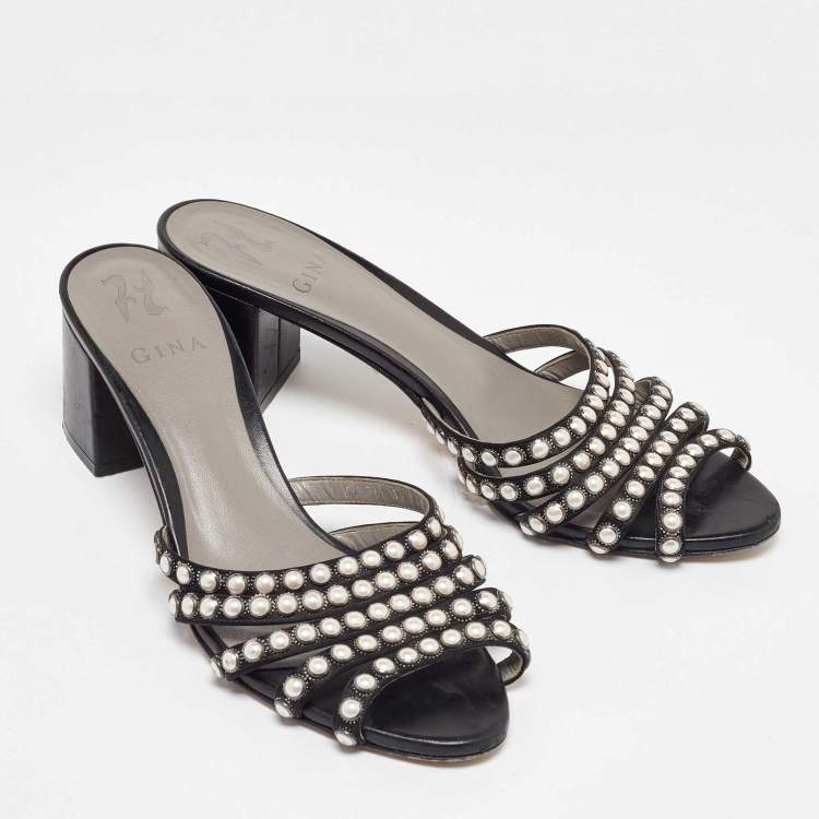 Pre Owned Sergio Rossi Black Satin Pearl Studded Slide Sandals Size 40.5