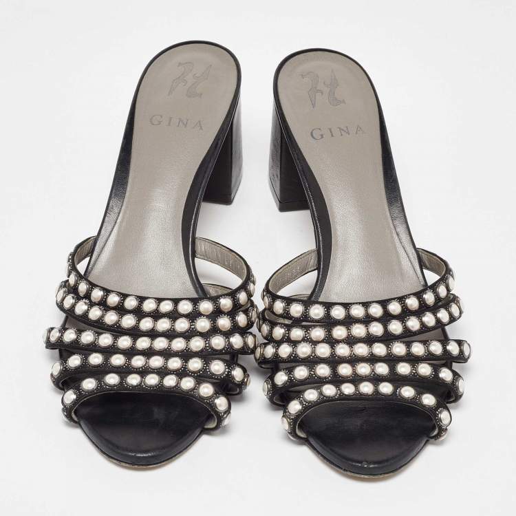 Pre Owned Sergio Rossi Black Satin Pearl Studded Slide Sandals Size 40.5