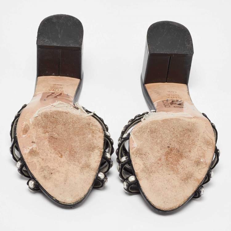 Pre Owned Sergio Rossi Black Satin Pearl Studded Slide Sandals Size 40.5