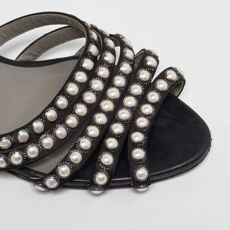Pre Owned Sergio Rossi Black Satin Pearl Studded Slide Sandals Size 40.5