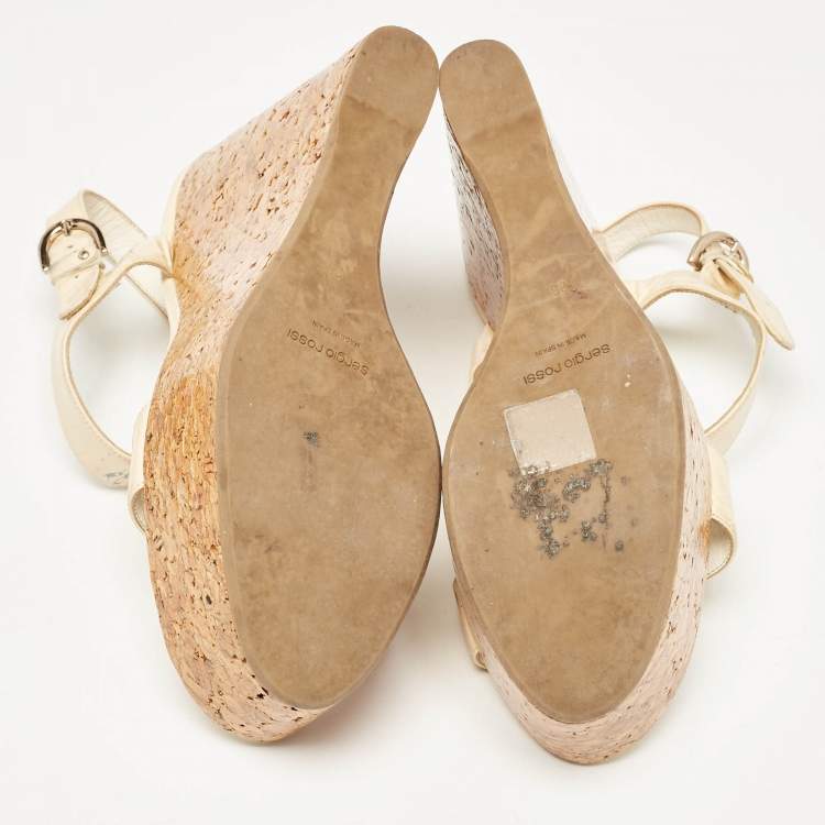 Pre Owned Sergio Rossi Cream Patent Leather Ankle Strap Cork Platform Wedge Sandals Size 38