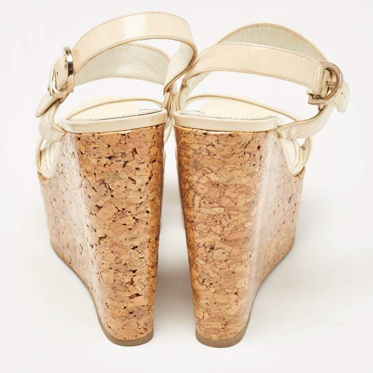 Pre Owned Sergio Rossi Cream Patent Leather Ankle Strap Cork Platform Wedge Sandals Size 38