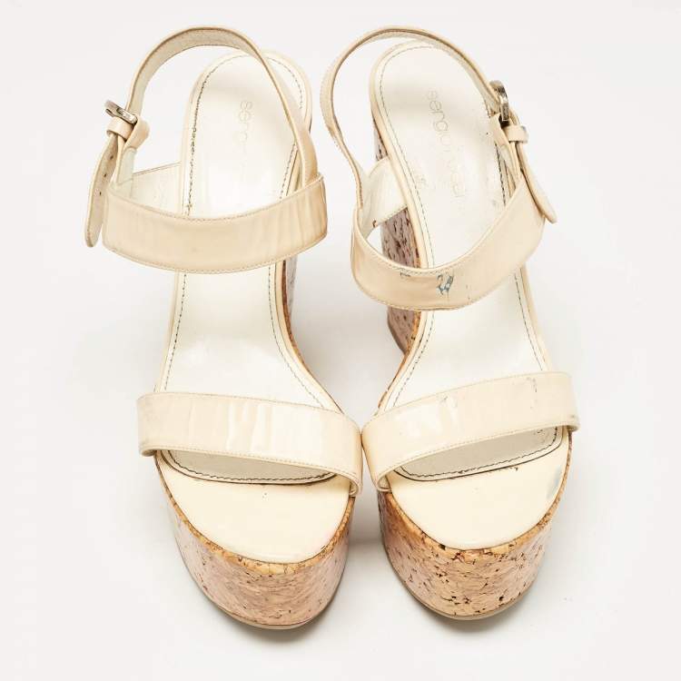 Pre Owned Sergio Rossi Cream Patent Leather Ankle Strap Cork Platform Wedge Sandals Size 38