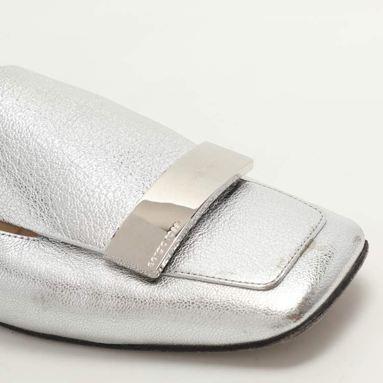 Pre Owned Sergio Rossi Silver Leather and Suede SR1 Loafers Size 38