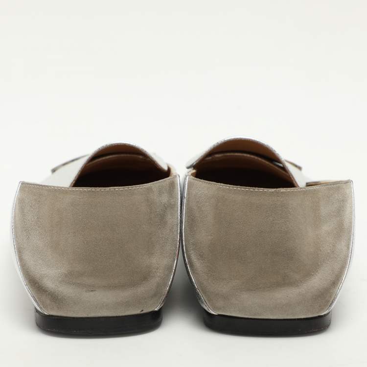 Pre Owned Sergio Rossi Silver Leather and Suede SR1 Loafers Size 38
