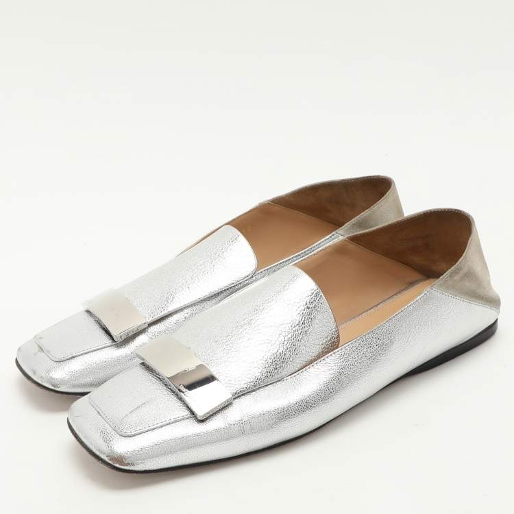 Pre Owned Sergio Rossi Silver Leather and Suede SR1 Loafers Size 38