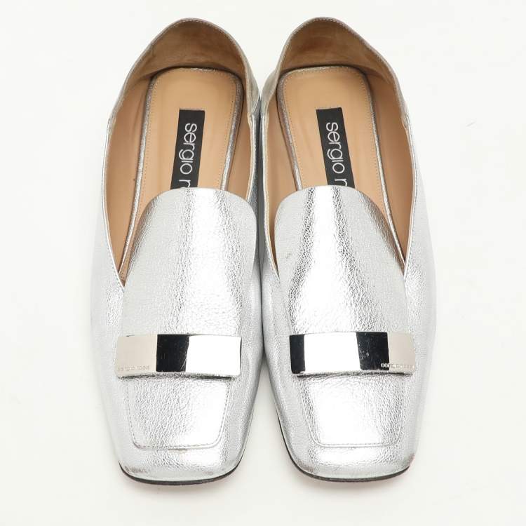 Pre Owned Sergio Rossi Silver Leather and Suede SR1 Loafers Size 38
