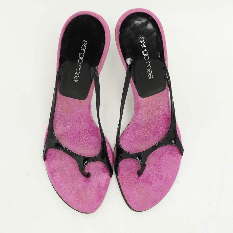 مملوكة مسبقًا Sergio Rossi Black/Pink Patent Leather Slide Sandals Size 37.5