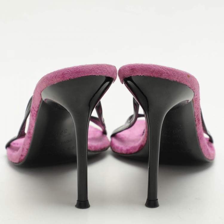 مملوكة مسبقًا Sergio Rossi Black/Pink Patent Leather Slide Sandals Size 37.5