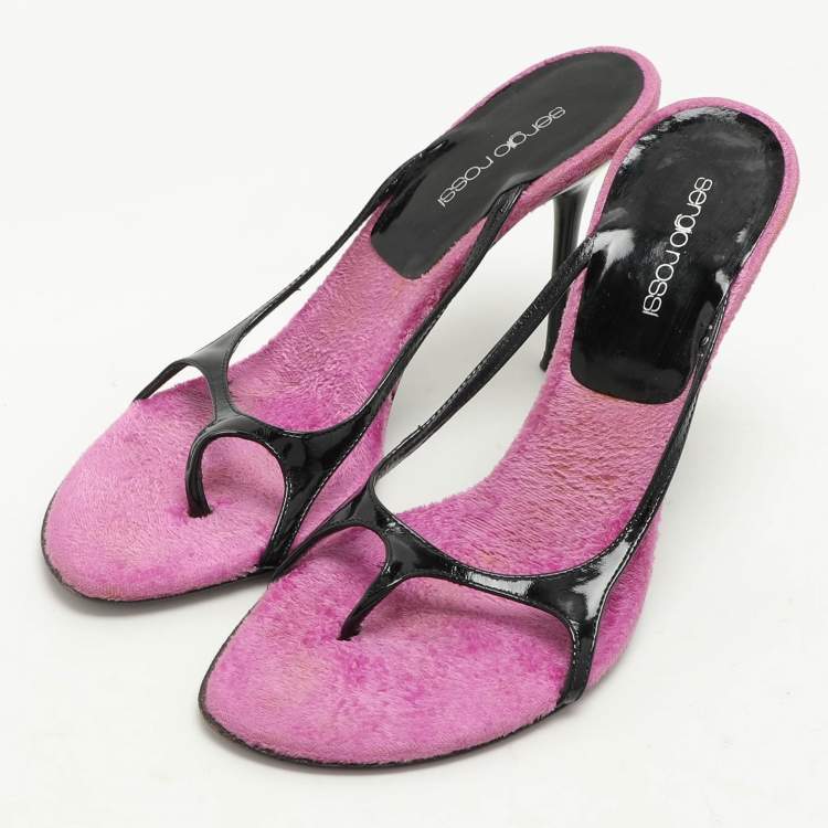 مملوكة مسبقًا Sergio Rossi Black/Pink Patent Leather Slide Sandals Size 37.5