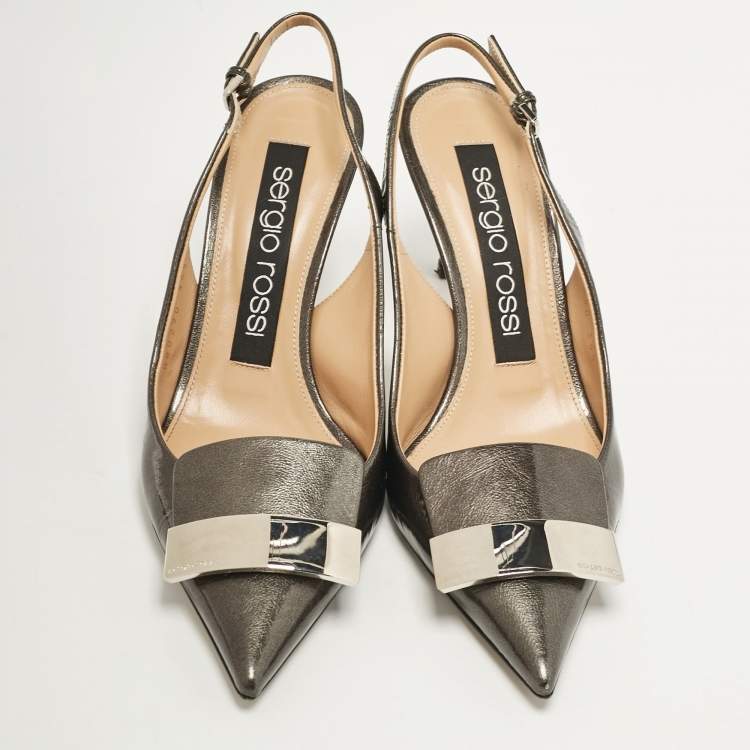 Pre Owned Sergio Rossi Dark Green Patent Leather SR1 Slingback Pumps Size 36.5
