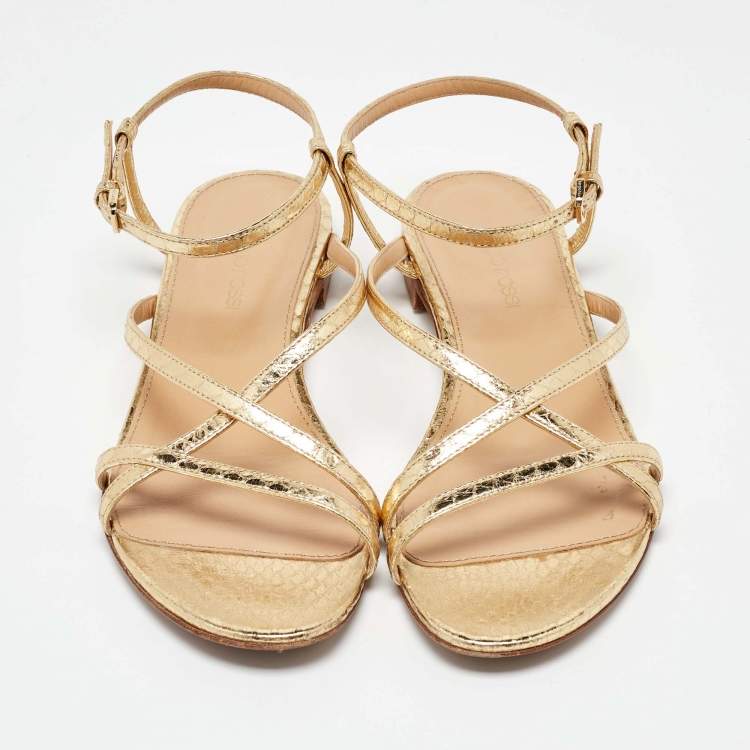 Pre Owned Sergio Rossi Gold Snakeskin Strappy Flat Sandals Size 37