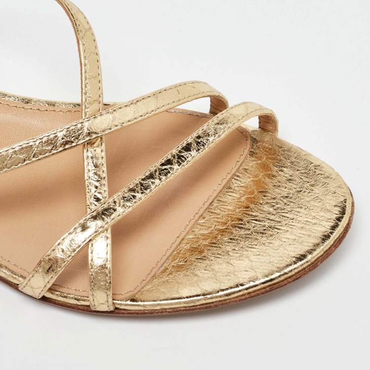 Pre Owned Sergio Rossi Gold Snakeskin Strappy Flat Sandals Size 37