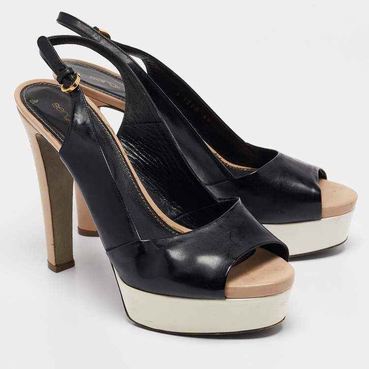Pre Owned Sergio Rossi Black/Beige Leather and Patent Leather Slide Sandals Size 39