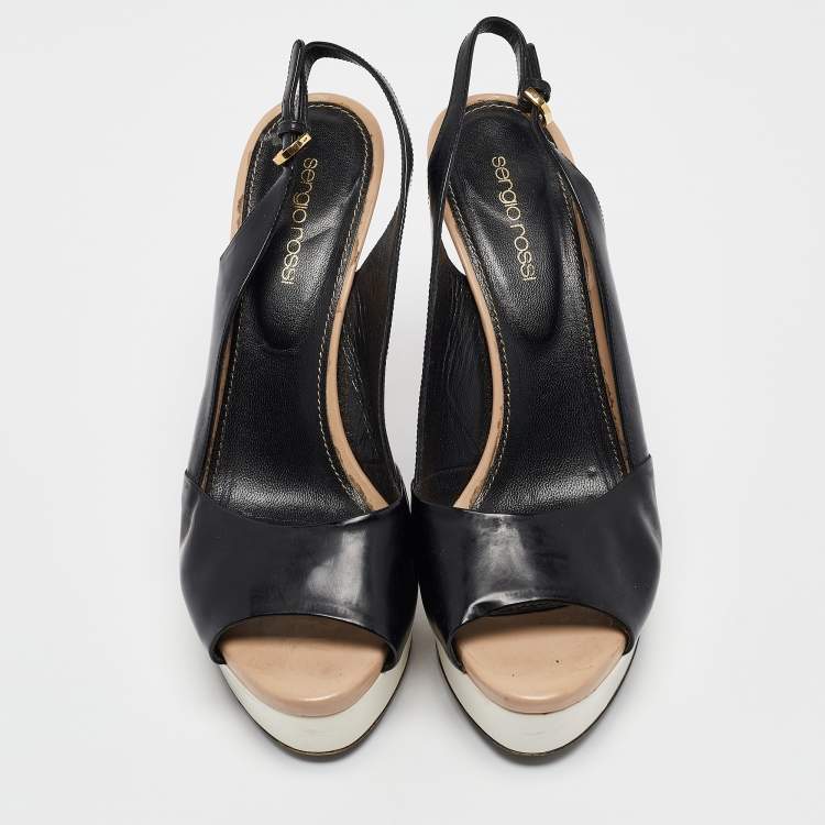 Pre Owned Sergio Rossi Black/Beige Leather and Patent Leather Slide Sandals Size 39