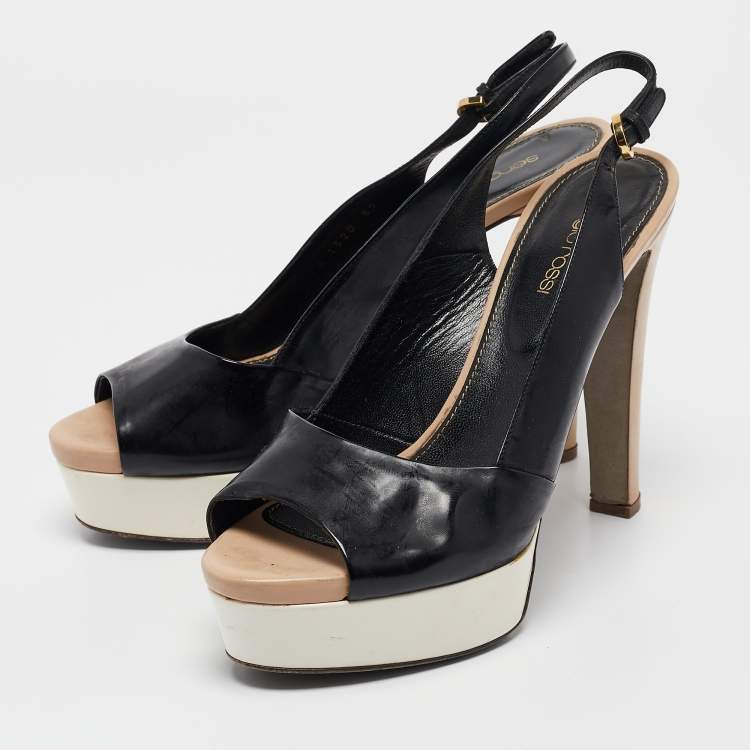 Pre Owned Sergio Rossi Black/Beige Leather and Patent Leather Slide Sandals Size 39