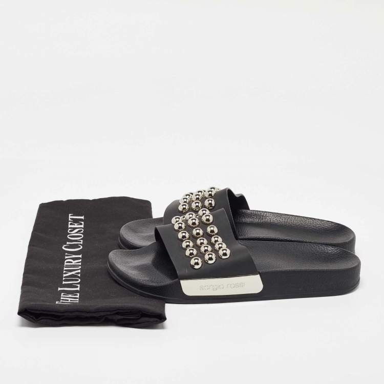 Pre Owned Sergio Rossi Black Rubber Studded Pool Slides Size 39