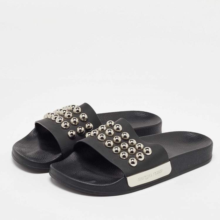 Pre Owned Sergio Rossi Black Rubber Studded Pool Slides Size 39