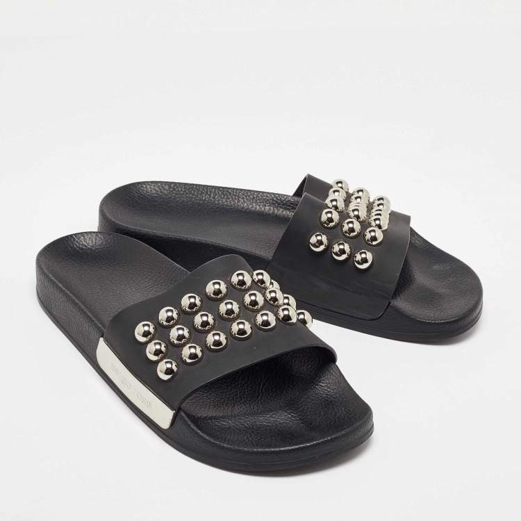 Pre Owned Sergio Rossi Black Rubber Studded Pool Slides Size 39