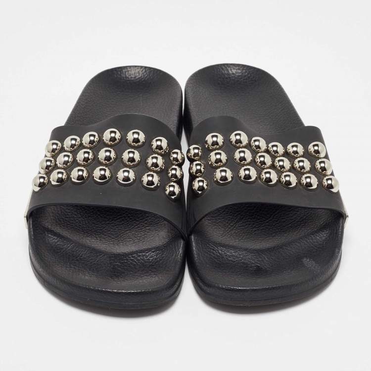 Pre Owned Sergio Rossi Black Rubber Studded Pool Slides Size 39