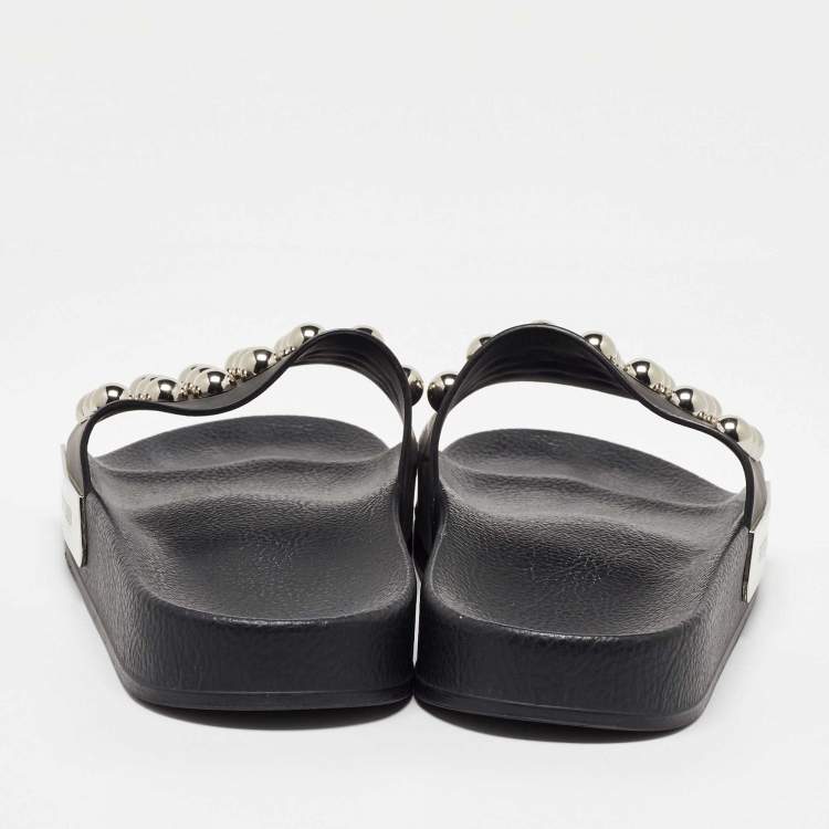 Pre Owned Sergio Rossi Black Rubber Studded Pool Slides Size 39