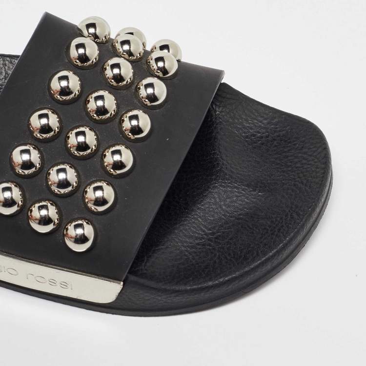 Pre Owned Sergio Rossi Black Rubber Studded Pool Slides Size 39