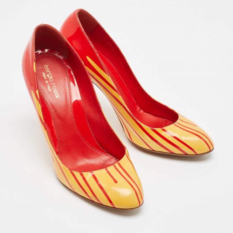 Pre Owned Sergio Rossi Red/Yellow Patent Leather Pumps Size 40