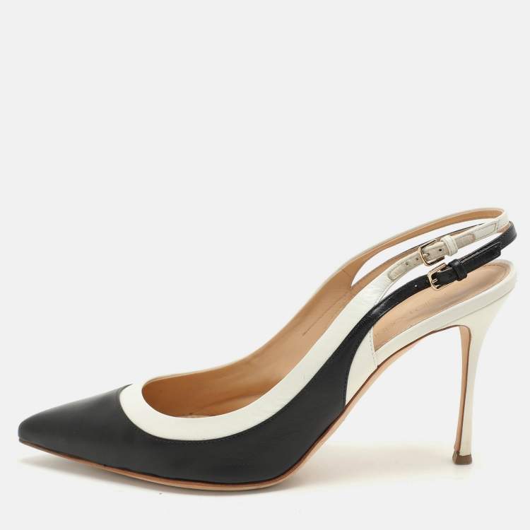 Pre Owned Sergio Rossi Black/White Leather Slingback Pumps Size 39.5