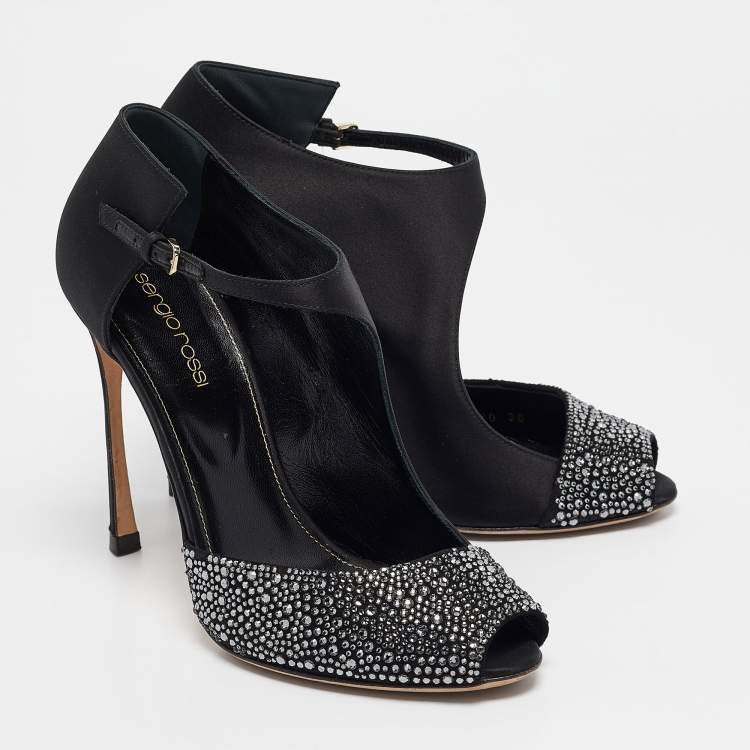 Pre Owned Sergio Rossi Black Satin Crystal Embellished Peep Toe D'orsay Pumps Size 38